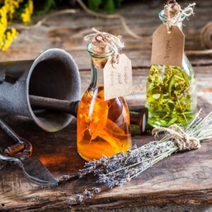 Homemade herbs in bottles as natural medicine